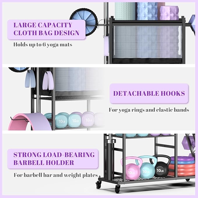 Mythinglogic Dumbbell Rack for Home Gym, Weight Rack for Dumbbells, Multifunctional Yoga Mat Holder for Barbell plates and Kettlebells, Home Gym Storage Rack with Casters