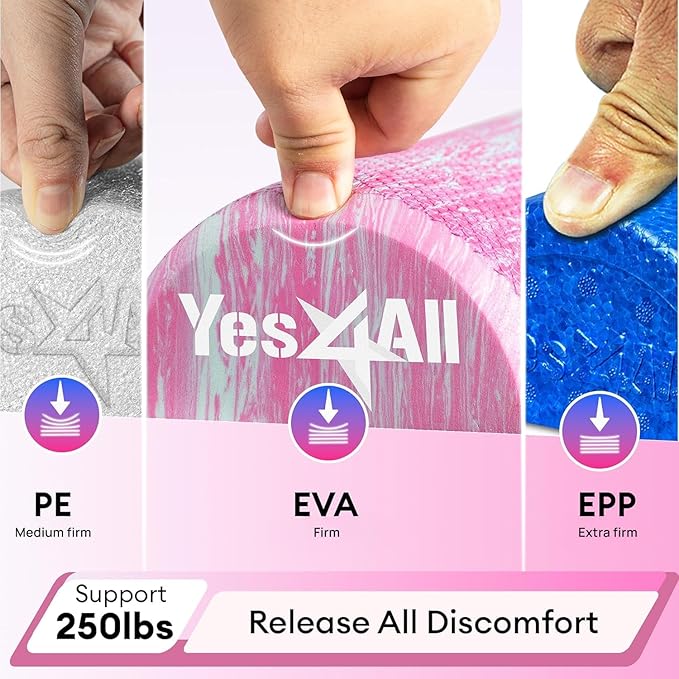 Yes4All EVA Firm Foam Roller for Stretching, Half Yoga Back Roller for Muscle Massage for Pilates, Yoga, Balance & Core Exercises - 12/36 inches