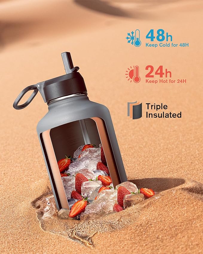64 oz Insulated Water Bottle with Straw & 3 Lids, Coolflask Half Gallon Water Jug Large Metal Stainless Steel Wide Mouth for Sports, Gym or Office, Non-BPA Keep Cold 48H Hot 24H, Knight Grey