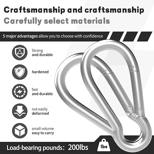 200PCS M5 Spring Snap Hook Carabiner, 2IN Heavy Duty Galvanized Steel Carabiner Clip, 220LBS Holding Capacity Spring Clips for Hammock Swing Outdoor Travel