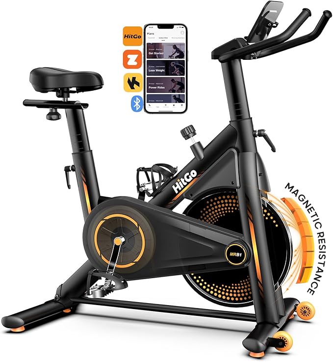 Exercise Bike, Magnetic Resistance/Brake Pad Stationary Bike with Exclusive App, 300lb Weight Capacity Indoor Bike with Soft Seat Cushion, Silent Belt Drive, Heavy Flywheel and LCD Monitor