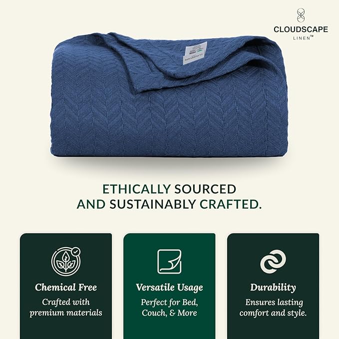 Cloud Scape Linen 100% Cotton Blanket King Size for Bed – Lightweight Summer Blanket, Herringbone Weave,fits California King Size Bed, 92x108,Ensign Blue