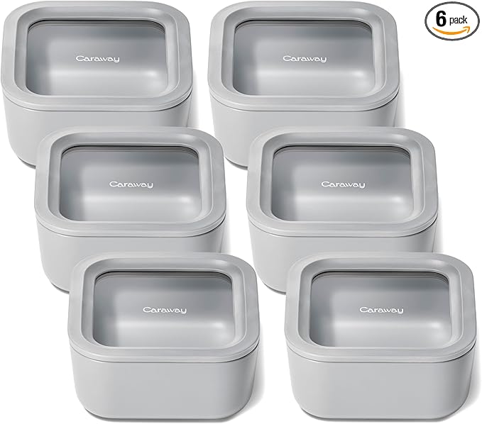 Caraway 6pc Glass Food Storage Set – 4.4 Cup Food Containers (6) - Ceramic Coated - Non Toxic, Non Stick with Lids - Microwave Safe - Gray