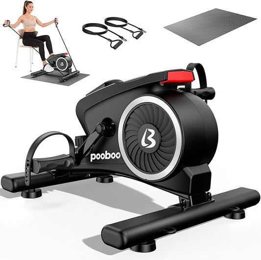 pooboo Under Desk Bike Pedal Exerciser, Quiet Magnetic Mini Exercise Bike with 16 Resistance Levels, Arm & Leg Workout, Resistance Bands & Non-Slip Mat for Home Office Therapy