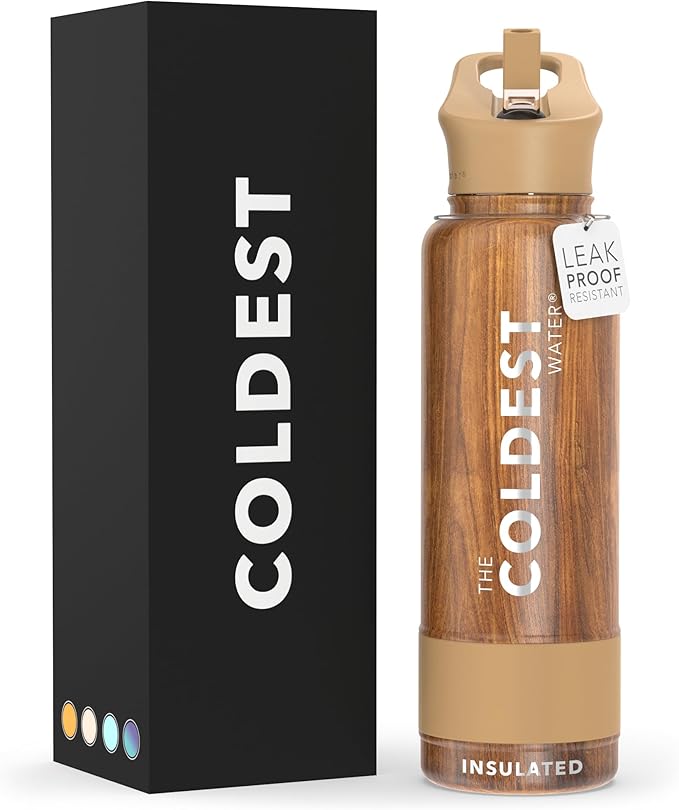 Coldest Insulated Water Bottle with Straw Lid - Stainless Steel Metal Insulated Bottle for Men & Women (Executive Wood, 40 oz)