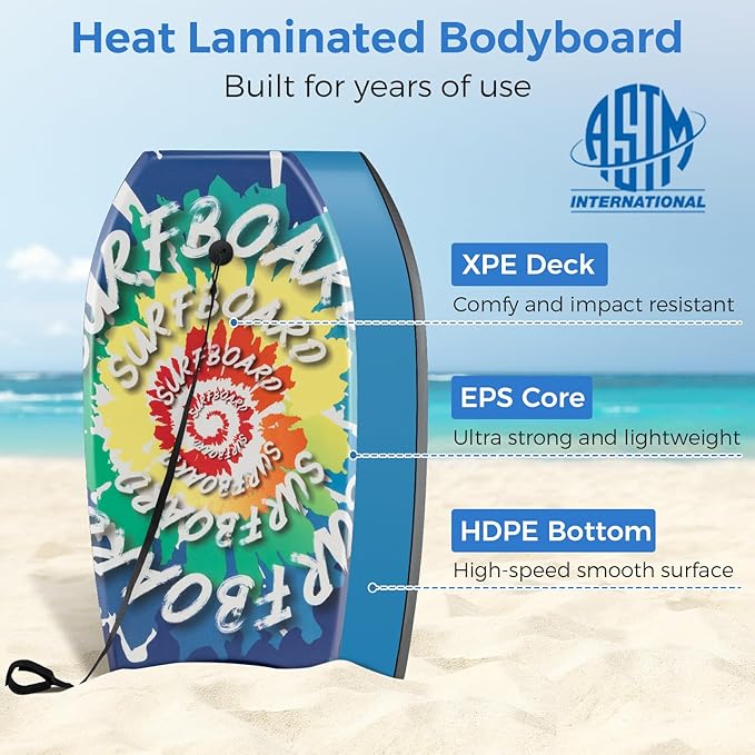 Goplus 41''/37''/33'' Lightweight Body Board for Beach, Surf Board with EPS Core, XPE Deck, HDPE Slick Bottom, Wrist Leash, Bodyboard for Kids Adults Surfing