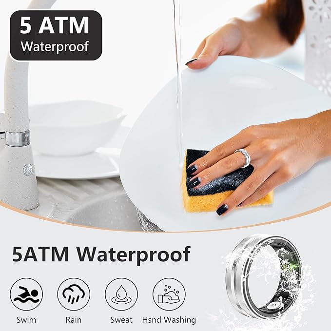 Thin Smart Ring for Fitness & Health Tracking -Heart Rate/Blood Oxygen Monitor, 5ATM Waterproof, Sleep Analysis, Pedometer -No APP Subscription Compatible with Smartphone (Silver, 7)