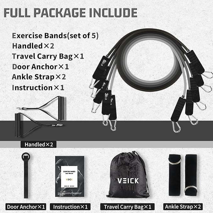 VEICK Resistance Bands, Exercise Bands for Working Out with Handles, Elastic Workout Bands for Men Women, Exercising Bands for Strength Training Equipment at Home Gym