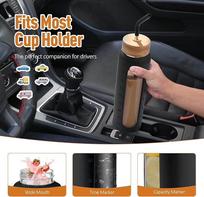 Kodrine Water Bottle with Straw, 24 oz Glass water Bottle with 2 Lids Bamboo Straw Lid and Spout Lid with Handle, 32 oz Clear Water Bottle Glass for Sports Travel, Waterbottle with Time Marker