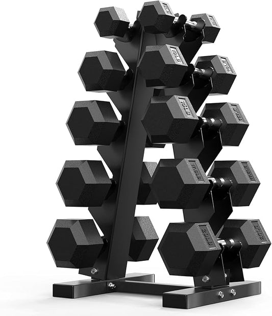 PAPABABE Hex Dumbbell Sets with Rack, 60-550lb Rubber Coated Dumbbell Weight Set and Storage Rack, Multiple Options Hand Weights for Strength Training