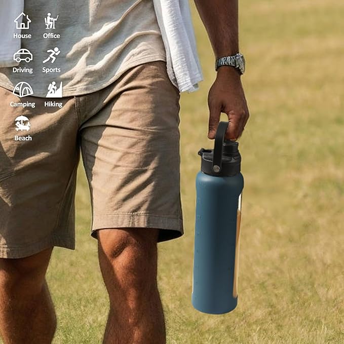 Kodrine Water Bottle with Straw, 24 oz Glass water Bottle with 2 Lids Bamboo Straw Lid and Spout Lid with Handle, 32 oz Clear Water Bottle Glass for Sports Travel, Waterbottle with Time Marker