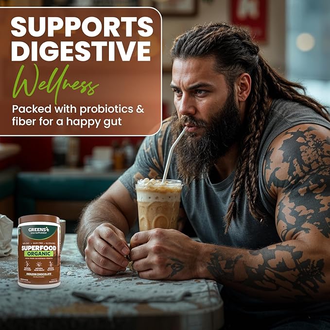 Greens+ Plus Organic Superfood Amazon Chocolate, Boost Energy, Essential Blend of Raw Foods, Non GMO, Gluten Free, USDA Organic and Vegan Powder, 8.46 oz