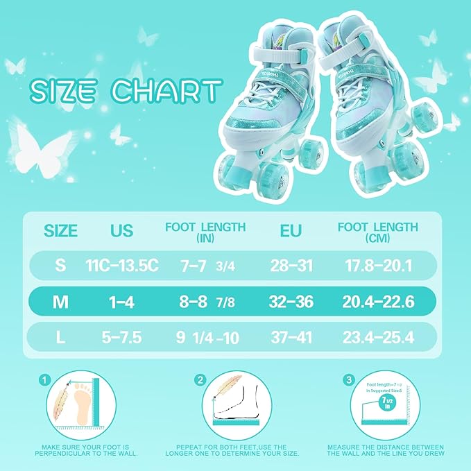 Kids Roller Skates for Girls-Outdoor 4 Size Adjustable Butterfly Quad Rollerskates for Indoor Ages 3-12 Years Beginners Children's Birthday Gift with Light Up Wheels patines para niñas Indoor
