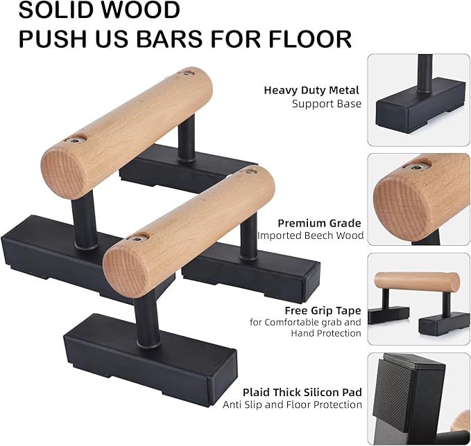 1 Pair Wood Floor Push Up Bars for Men, Anti-slip Handstand Parallettes Bars, Strength Training Push-Up Stands for Calisthenics, Fitness, Gymnastics, Workouts, Calistenia