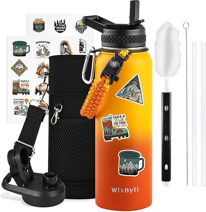 40 oz Insulated Water Bottle with Straw (Cold for 48 Hrs), Stainless Steel Triple Wall Vacuum Sports Water Jug, Leakproof Hydro Cup Flask with Paracord Handle & Straw Spout Lids & DIY Stickers