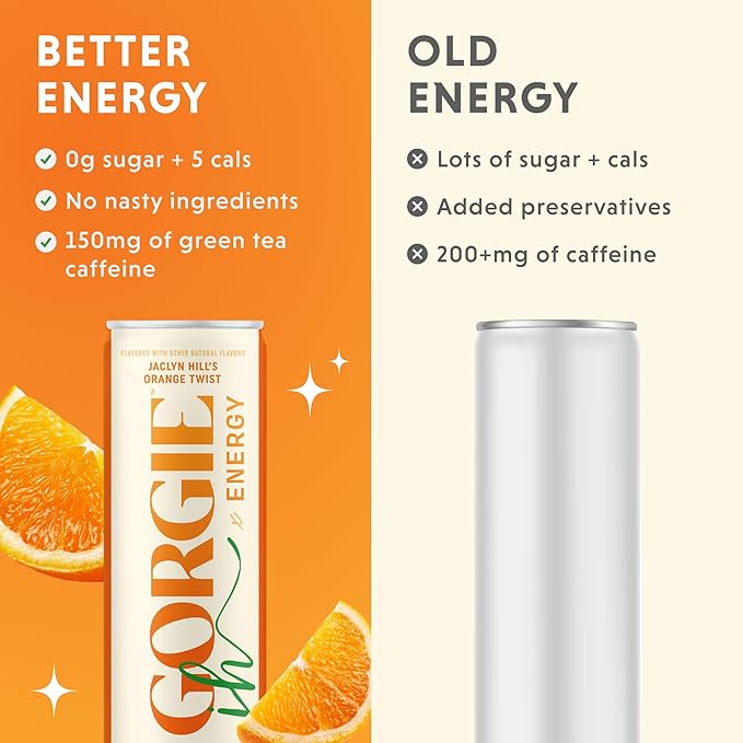 GORGIE Sugar Free Natural Energy Drinks, Jaclyn Hill Orange Twist (12 Pack) Healthy Sparkling Energy Drinks Natural Coffee Replacement with Green Tea Caffeine and Biotin, Vegan, Low Calorie