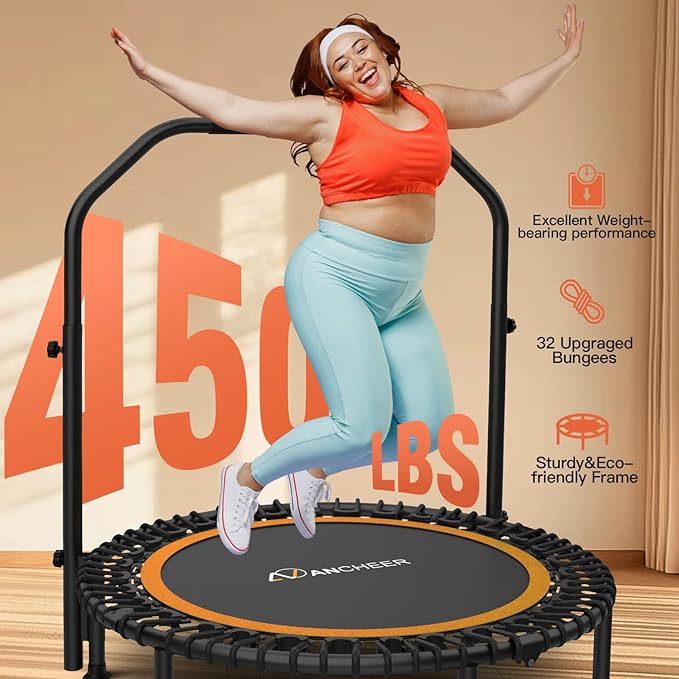 ANCHEER 40/48" Mini Trampoline with Upgraded Bungee Cords, 550LBS Capacity, Adjustable Foam Bar & Resistance Ropes, Indoor/Outdoor Rebounder for Adults