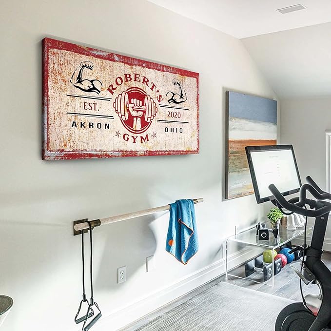 Tailored Canvases Personalized Gym Sign Wall Art Decor - Motivational Canvas for Home Gym, Workout Room, Garage, Fitness Center - Workout Inspirational Posters - One Hand Dumbbell on Rustic Red, 48x24in