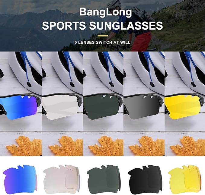 BangLong Polarized Sports Sunglasses Cycling Sun Glasses for Men Women with 5 Interchangeable Lenes for Running Baseball Golf