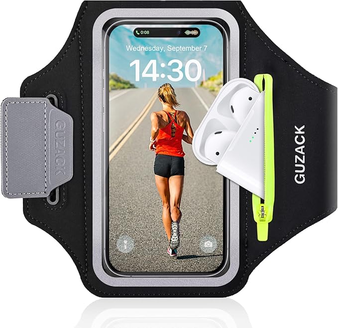 GUZACK Running Armband for iPhone 16 15 14 13 Pro Max, Galaxy S25 S24 S23 S22, with Card Slot & Key Pockets, Running Phone Holder, Fit Up to 6.9 Inches Phone - Size S (Smaller Arm 9-14 in)