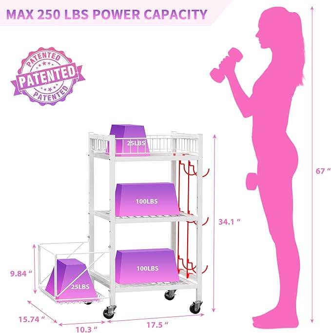 3-Tier Home Gym Storage Rack, Adjustable Yoga Mat Storage Rack, 250LBS Metal Workout Equipment Storage Cart with Large Basket & Lockable Wheels for Mats, Bands, Foam Rollers, Yoga Block