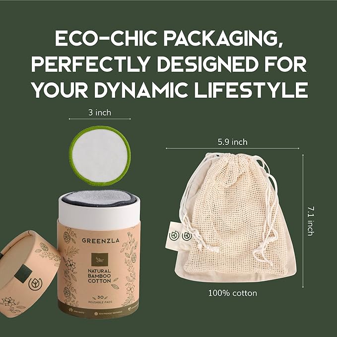 Greenzla Reusable Makeup Remover Pads, Washable Bamboo Cotton Rounds with Mesh Laundry Bag, Travel Pouch, Pad Holder - Reusable Cotton Rounds for All Skin Types - Perfect for Face Care, 30 Pack