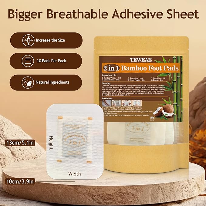2 in 1 Foot Pads, Tear and Use Pure Bamboo Vinegar Coconut Foot Pads, Bigger Adhesive ''Stay in Place'' Goodnight Pads (10Pads)