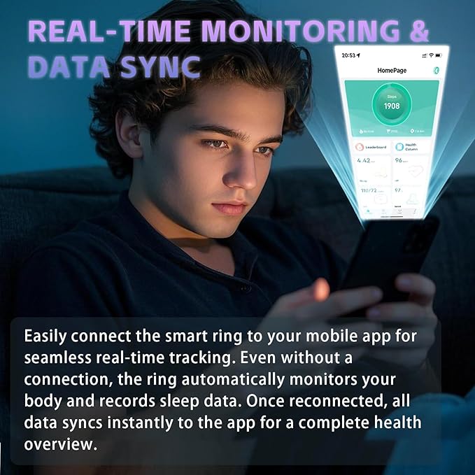 Activity Tracker Ring for Men – Smart Ring with Heart Rate, SpO2, Blood Pressure, Sleep Monitoring, Step & Calorie Counter, 5ATM Waterproof, No Subscription Fee (Black, 7)