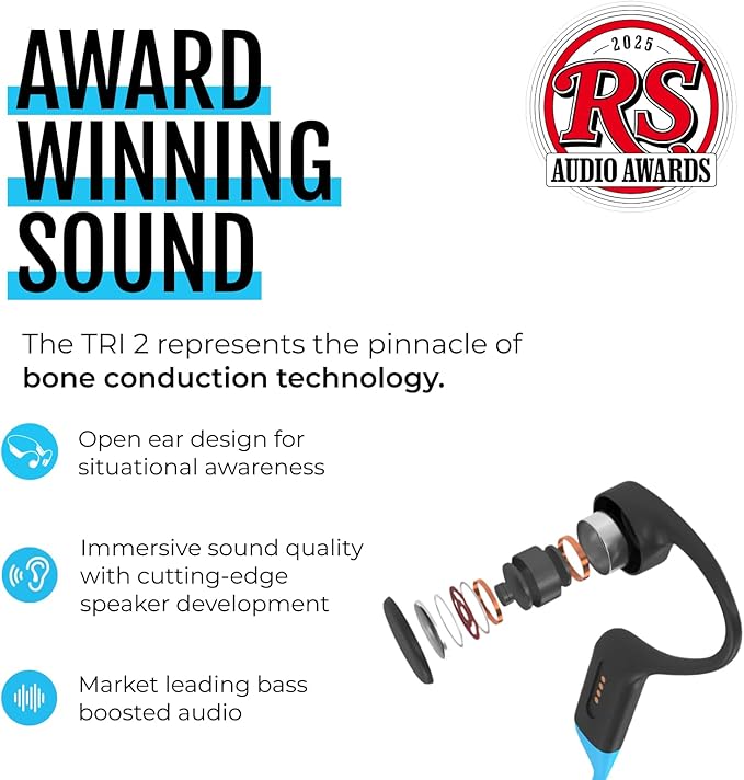 H2O Audio TRI 2 Multisport Waterproof Bone Conduction Open Ear Headphones, Bluetooth 5.3 for Running and Cycling, MP3 Mode for Swimming, 8GB Memory, 8.5-Hour Battery, Black/Blue