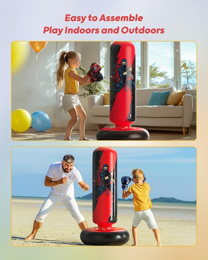 QPAU Punching Bag for Kids, 66 Inch Stable Inflatable Boxing Bag with Boxing Gloves, Stand Kids Punching Bag Toy for Boys & Girls Age 6-12, Boxing Set for Practicing Karate, Taekwondo, MMA