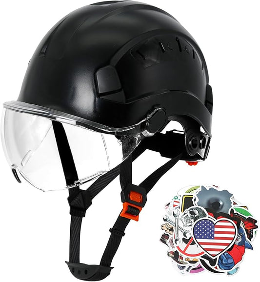 AOLAMEGS Construction Hard Hats for Men - ANSI Z89.1 OSHA Approved Safety Helmets, Black Hard Hat, Adjustable Vented Construction Hat with Clear Visor and Chin Strap, High Impact ABS Hardhats
