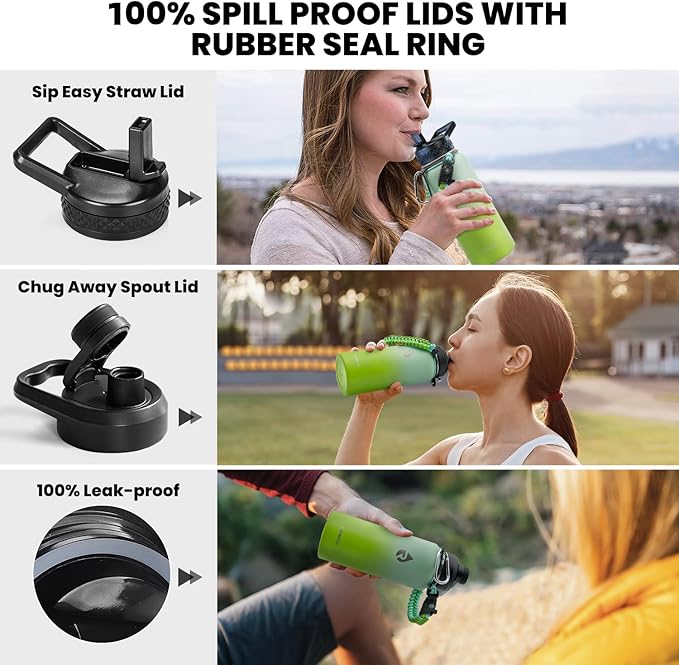 Insulated Water Bottle 32 oz, Triple Wall Vacuum Stainless Steel (Cold for 48 Hrs), Leak Proof & Non-BPA, Modern Water Flask Jug with Paracord Handle & Straw Spout Lids, Ombre Green