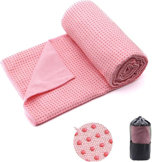 Eunzel Yoga Towel,Hot Yoga Mat Towel with Grip Dots Sweat Absorbent Non-Slip for Hot Yoga, Pilates and Workout 24" x72", Pink
