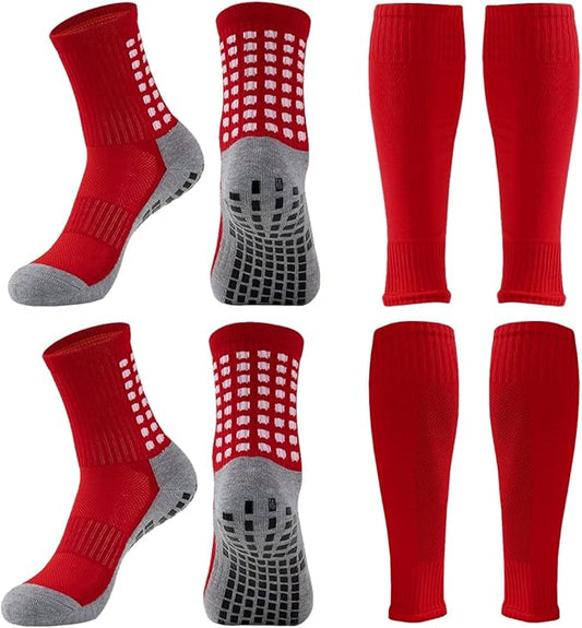 2 Set Anti-Slip Grip Soccer Socks with Shin Guard Sleeves, Sports Athletic Socks for Men Women