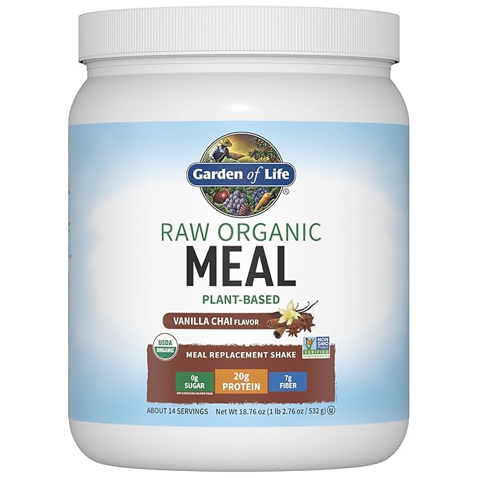 Garden of Life Meal Replacement Shakes, Vegan Protein Powder, Raw Organic Meal, Vanilla Chai Powder with Plant Based Pea Protein, Sprouts, Greens, Probiotics, Dairy Free 14 Servings