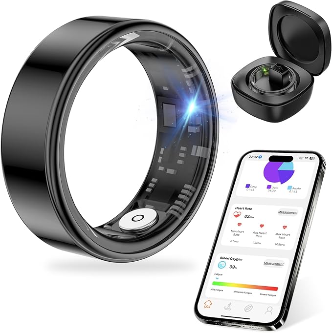Thin Smart Ring for Fitness & Health Tracking -Heart Rate/Blood Oxygen Monitor, 5ATM Waterproof, Sleep Analysis, Pedometer -No APP Subscription Compatible with Smartphone (Black, 12)