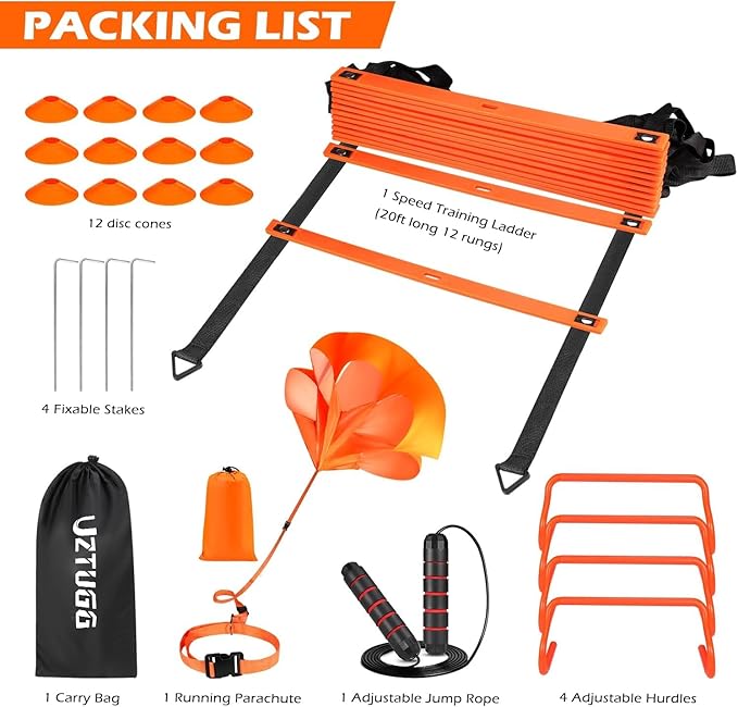 Soccer Training Equipment, Speed Agility Training Equipment for Kids Youth Adults, 20ft Agility Ladder, 4 Hurdles, Jump Rope, 12 Soccer Cones, Running Parachute, Football Training Equipment
