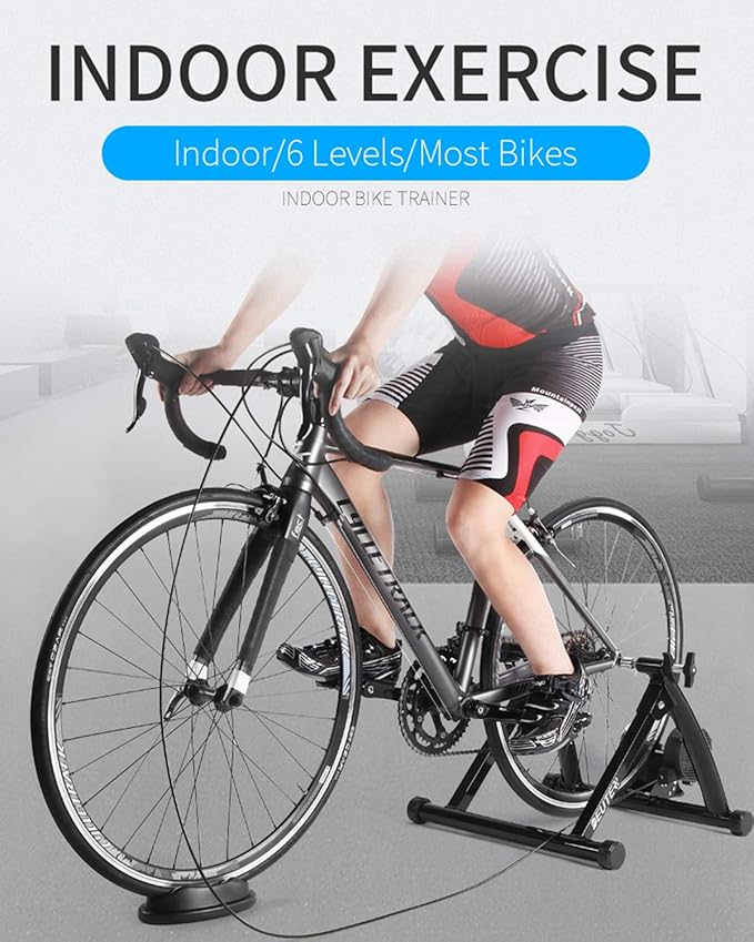 Bike Trainer, Magnetic Bicycle Stationary Stand for Indoor Exercise Riding, 26-29" & 700C Wheels, Quick Release Skewer & Front Wheel Riser Block Included