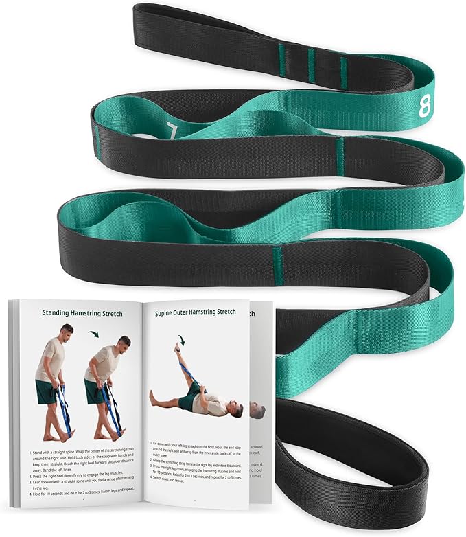 Trideer Stretching Strap for Physical Therapy, Non-Elastic Yoga Straps for Stretching with 10 Loops, Durable Nylon Stretch Bands for Exercise, Pilates, Gymnastics, Leg Stretcher with Guidance and Drawstring Bag