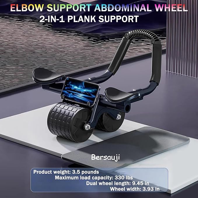 Bersauji 2025 New Ab Roller Wheel with Knee Mat &Timer, Automatic Rebound Abdominal Wheel, Ab Abdominal Exercise Roller with Elbow Support, Abs Workout Equipment Ab Exercise Roller for Women Men