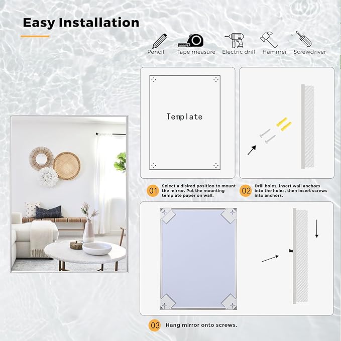 20x36 Inch Nickel Bathroom Mirror for Wall, Aluminum Frame Rectangle Rectangular Vanity Mirror, Modern Large for Bedroom, Living Room, Horizontal or Vertical