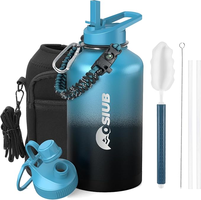 Insulated Water Bottle 64 oz, Triple Wall Vacuum Stainless Steel(Cold for 48 Hrs),Leak Proof & BPA-Free,Half Gallon Water Bottle with Reflective Paracord & Flip Straw for Sports & Travel, Indigo-Black
