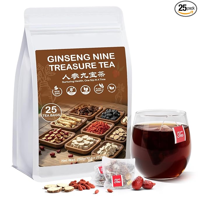 Kidney Tea Formula Ginseng Nine Treasure Tea, Natural Kidney Cleanse Detox & Repair Ginseng & Mulberry Herbal Teabags for Men & Women, 9 Precious Ingredients Formula (1 Pack/25 Bags)