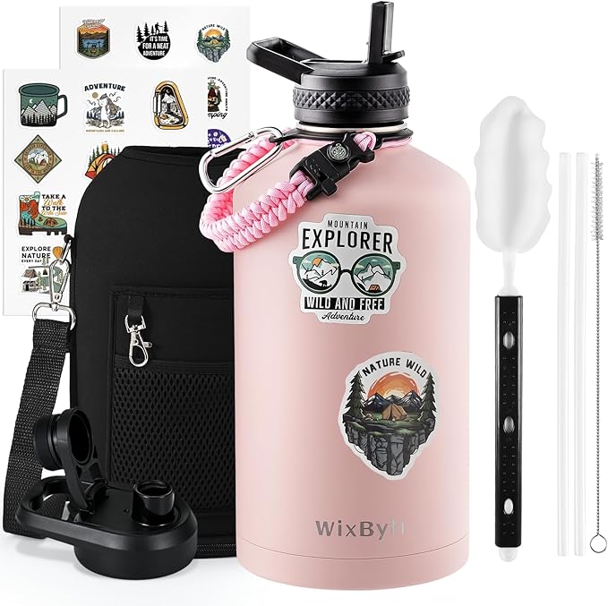 One Gallon Water Bottle Insulated, Triple Wall Vacuum Cold for 48 Hrs & Leak-proof & Non-BPA, 128oz Large Sports Stainless Steel Water Jug with Paracord Handle Straw Spout Lids & DIY Stickers