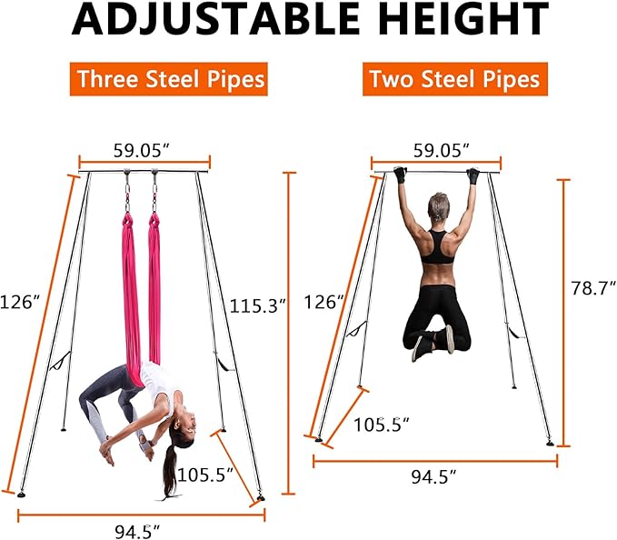 TECSPEC 9.6 FT/115.3 Inch Adjustable Height Aerial Yoga Frame & Hammock, Professional Swing Stand with 18 FT/33FT Aerial Silk, 550lbs Max Capacity
