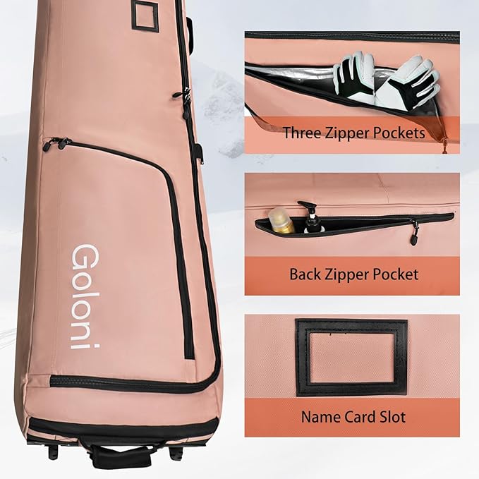 Goloni Ski Bag with Wheels,Padded Snowboard Bag for Air Travel,600D Waterproof Fabric,Foldable Snow Bag Fits 2 Pairs Skis