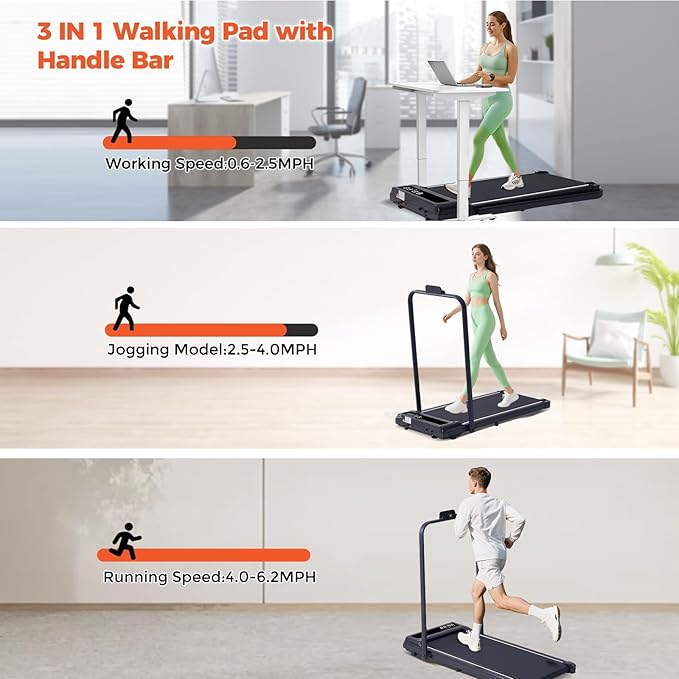 Folding Walking Pad Treadmill with Handle Bar, 3.5HP Compact Portable Foldable Walking Pads Treadmill with Handles, Electric Small Treadmills for Home Office Apartment, LED Display, 400 LBS Capacity
