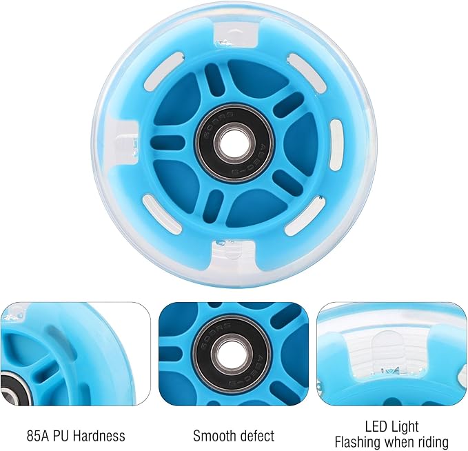 8pcs Inline Skate Wheels Led Light-Up Wheels 64/70/72/76/80mm w/Bushings 85-88A for Kids and Youth Beginners Children's Inline Skates Indoor/Outdoor Use (Blue, 80mm)