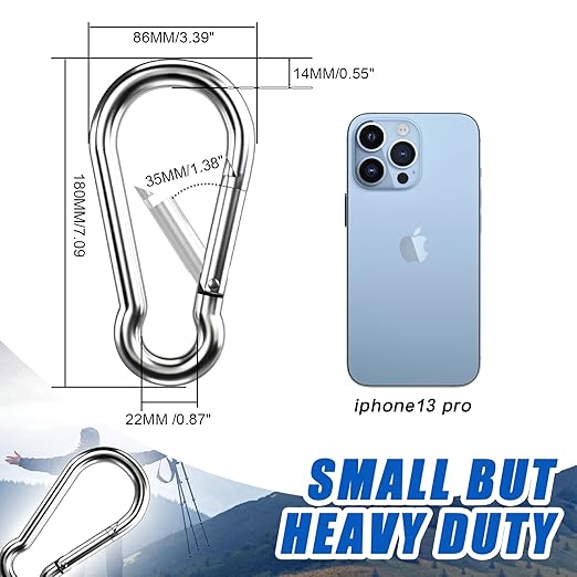 Large Carabiner Clip Hooks, 2pcs 7 inch Carabiners Heavy Duty, 304 Stainless Steel Spring Snap Hook Fits Camping Hanging Hiking Weight Lifting, Metal Clips for Rope or Chain