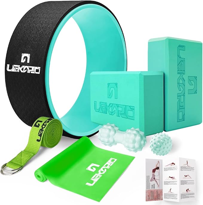 Yoga Wheel Set 9 in 1, Yoga Starter Kit for Beginner, Back Roller for Pain Relief & Deep Tissue Massage, Stretching, Improving Backbends, Size 13''